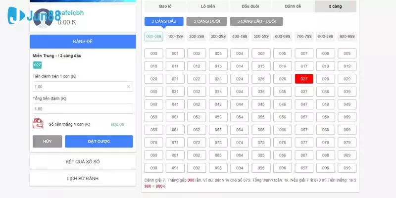 Đánh lô xiên 3 ăn bao nhiêu tiền tại Jun88?